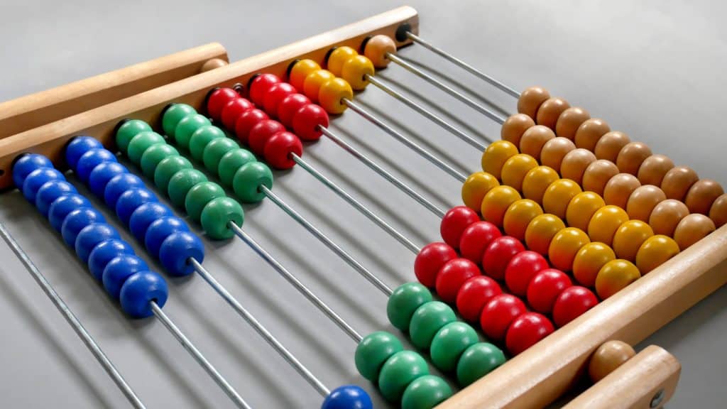 Perspective Abacus for Counting Practice, Beads Aligned Diagonally on Gray Background